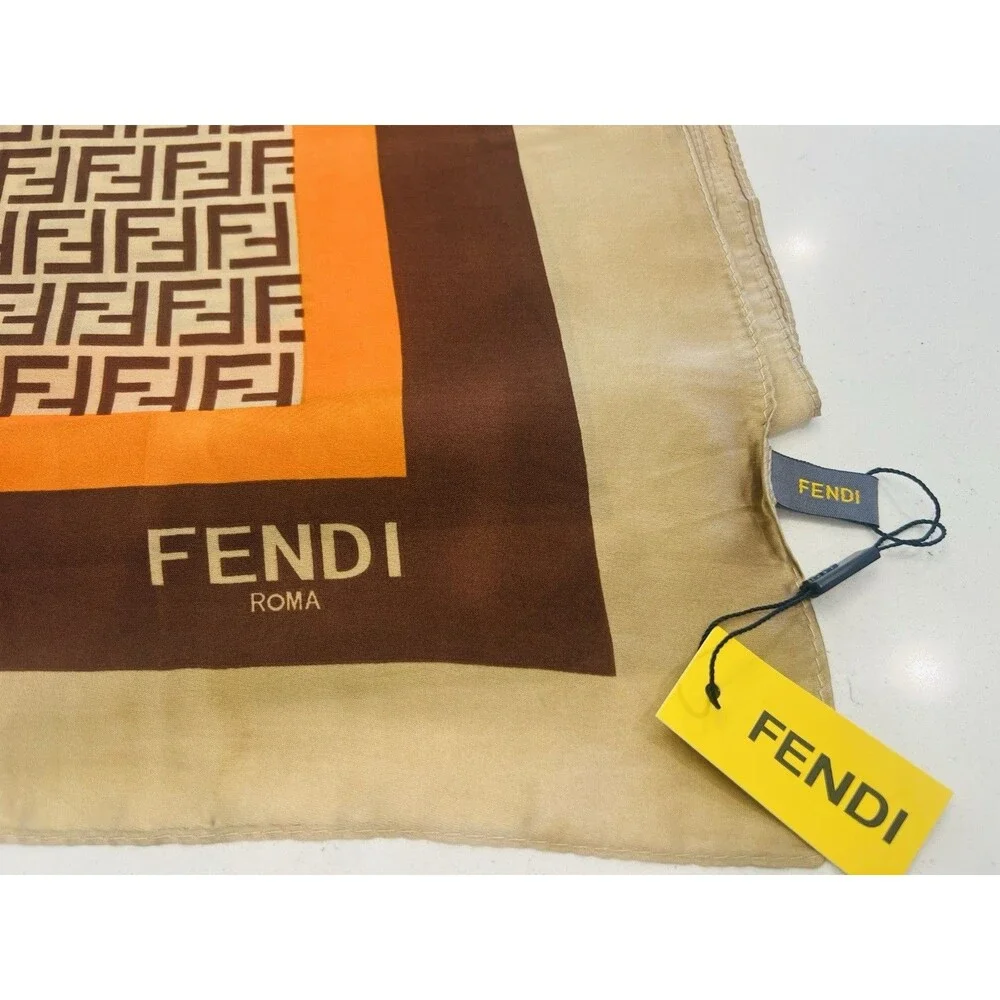 Fendi FF Logo Silk Scarf Brown & Orange 100% Silk 70” x 35”